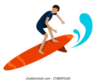 boy, man riding on the waves on a surfboard. Summer active sea vacation. Tropical hawaii lifestyle. Vector on a white background