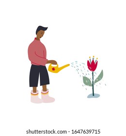 Boy Man rubber boots waters flowers pot scene postcard illustration. Spring summer gardening season sunny day inspiration graphic design typography element. Hand drawn picture. Simple vector symbol.