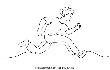 Boy or man running, hurrying and rushing forward to aims and aspirations to succeed. Fast lifestyle concept. Continuous one line drawing. Vector illustration