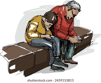 A boy and a man are sitting on a bench and looking at their mobile phones. A scene from urban life sketch. Tech neck and the problems of modern lifestyle concept. Hand drawing, not AI