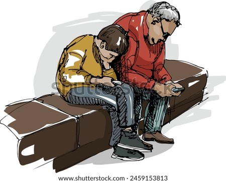 A boy and a man are sitting on a bench and looking at their mobile phones. A scene from urban life sketch. Tech neck and the problems of modern lifestyle concept. Hand drawing, not AI