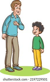 
boy and man standing talking.father and son vector illustration