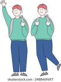 boy, man, student, boy wearing backpack, sweatshirt, jeans, sneakers, casual