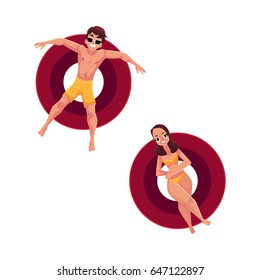 Boy, man in sunglasses and girl, woman wearing bikini float on inflatable rings, top view cartoon vector illustration isolated on white background. Man and woman swimming on inflatable rings