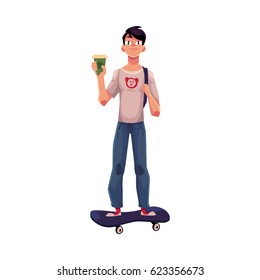 Boy, man in t-shirt and jeans, standing on skateboard, longboard with paper coffee cup, cartoon vector illustration isolated on white background. Boy, man riding, standing on skateboard, front view