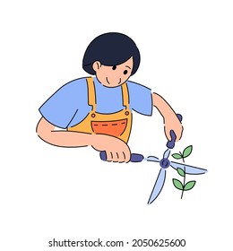boy man man woman woman girl boy cuts the stem plant with scissors nature care farm gardener garden