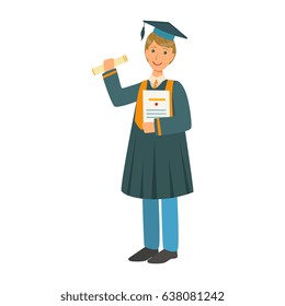 Boy in mantle gown and academic square cap holding diploma scroll. Colorful cartoon illustration