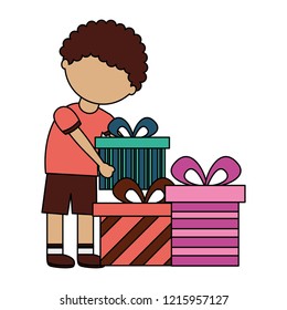 boy with many birthday gift boxes