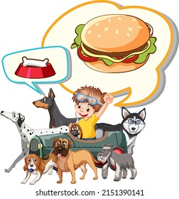 Boy with many dogs thinking of food illustration