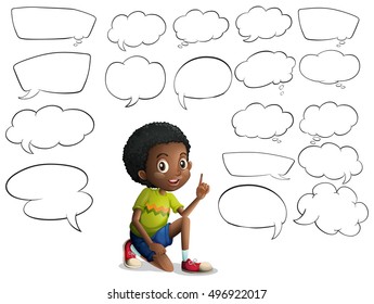 Ilustración de Boy and Many speech bubbles