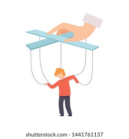 Boy Marionette on Ropes Controlled by Mothers Hand, Manipulation of People Concept Vector Illustration