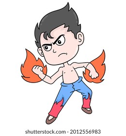 boy martial arts shoots fire from his hands, vector illustration art. doodle icon image kawaii.