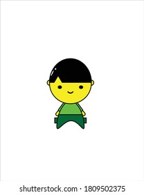 Boy mascot illustration design, little boy in green dress with black hair