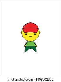Boy mascot illustration design, little boy in green dress with red hat