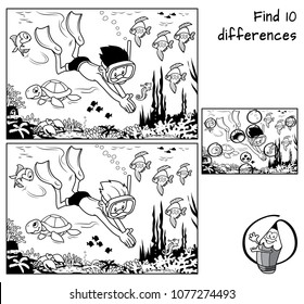 A boy with mask and flippers diving underwater in the ocean with marine inhabitants. Find 10 differences. Educational game for children. Black and white cartoon vector 
illustration