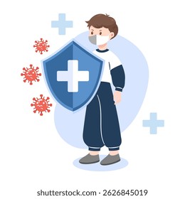 Garoto com máscara protegida por escudo contra vírus. Conceito de saúde, imunidade e prevenção de doenças.