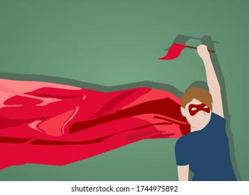 Un niño con una máscara y gabardina con una bandera en la mano. Ilustración del vector  