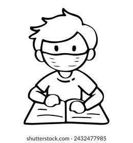boy in a mask reading a book. children’s activities during health crises.