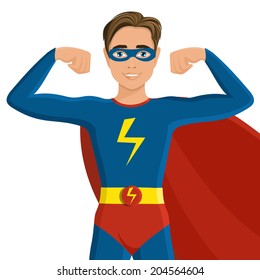 Boy in mask and superhero costume half-length portrait isolated on white background vector illustration