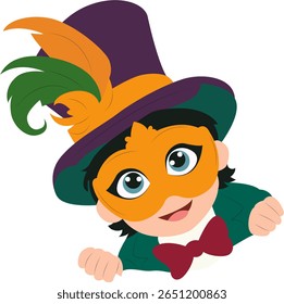 Boy Masked Mardi Gras Costume Peek, happy Carnival of Venice