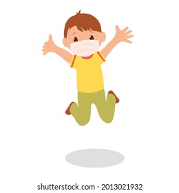 Un niño con máscaras está saltando. Esparcimiento de verano y entretenimiento durante la pandemia del coronavirus. Ilustración plana vectorial.