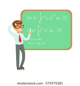 Boy Mathematician Writing Formulas On Blackboard, Kid Doing Science Research Dreaming Of Becoming Professional Scientist In The Future