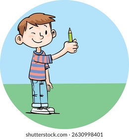 boy measures the distance with a pencil