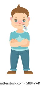 Boy measures temperature with thermometer in mouth. Schoolboy has fever or flu. Vector illustration in flat design