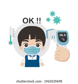 Boy measuring body temperature and wearing a face mask vector illustration.
