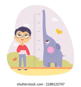 Boy measuring height with inch ruler chart vector illustration. Cartoon kid standing with cheerful elephant raising long trunk up, cute decor for wall of kindergarten or home room isolated on white.