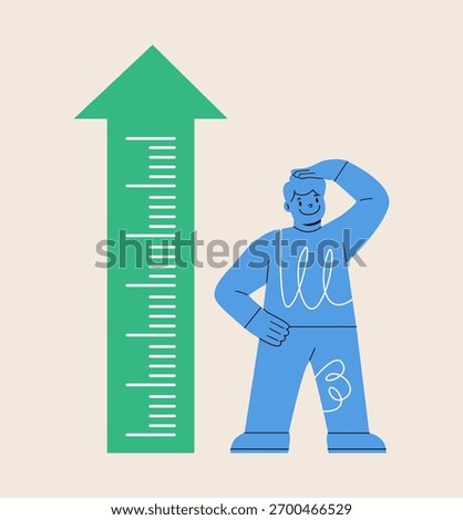 Boy measuring height with ruler. Colorful vector illustration

