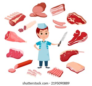 Boy and meat products.Meat products on the counter and a young seller.Vector illustration.