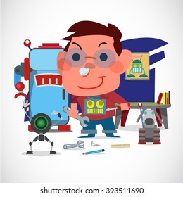 Boy mechanic with his robot. Robot lover concept. Kid's dream - vector illustration