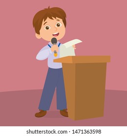 Boy with medal reads speech on podium