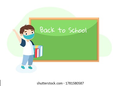 Boy in Medical Mask with Books Stand in Classroom near Blackboard Waving Hand Greeting New Educational Year. Back to School during Covid19 Epidemic, Kid Character in Class. Cartoon Vector Illustration