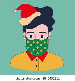 Boy in medical mask and Canta Claus cap. Cartoon stile