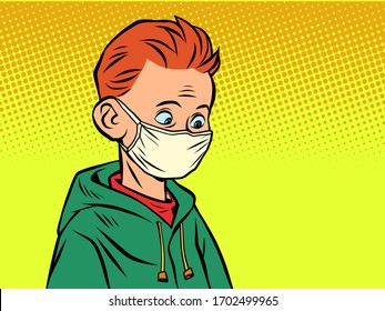 A boy in a medical mask. Comics caricature pop art retro illustration drawing