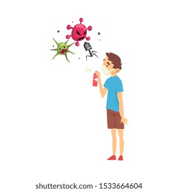 Boy in medical mask kills viruses with balloon cartoon vector illustration