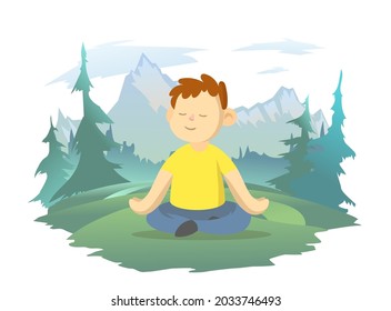 A boy meditates in the lotus position against the backdrop of a mountain landscape. Mindfulness , children's mental health, healthy lifestyle. Vector illustration.
