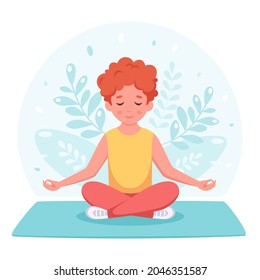 Boy meditating in lotus pose. Gymnastic, yoga and meditation for children. Vector illustration