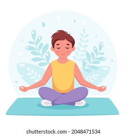 Boy meditating in lotus pose. Gymnastic, yoga and meditation for children. Vector illustration