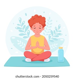 Boy meditating in lotus pose. Gymnastic, yoga and meditation for children. Vector illustration