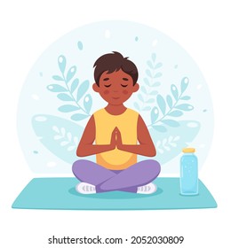 Boy meditating in lotus pose. Gymnastic, yoga and meditation for children. Vector illustration