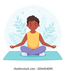 Boy meditating in lotus pose. Gymnastic, yoga and meditation for children. Vector illustration