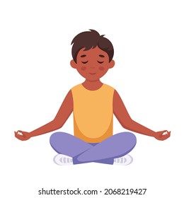 Boy meditating in lotus pose. Gymnastic, yoga and meditation for children. Vector illustration