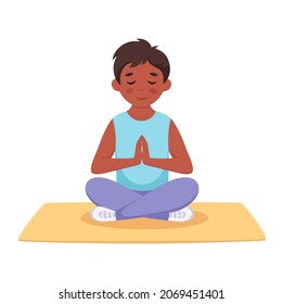 Boy meditating in lotus pose. Gymnastic, yoga and meditation for children. Vector illustration