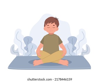 boy meditating in lotus pose.meditation for children.Flat vector cartoon character illustration.