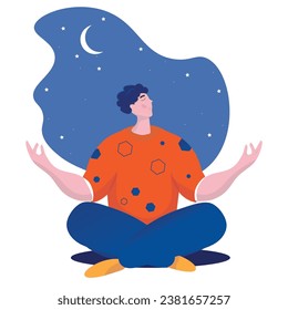 The boy is meditating. Starry sky background. Illustration in flat style is bright. Dreams thinks about her