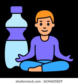 Menino meditando com ícone garrafa de água. Postura sentada e expressão calma, hidratação e atenção plena antes do sono.