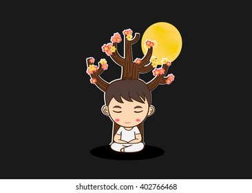boy meditation under tree at night